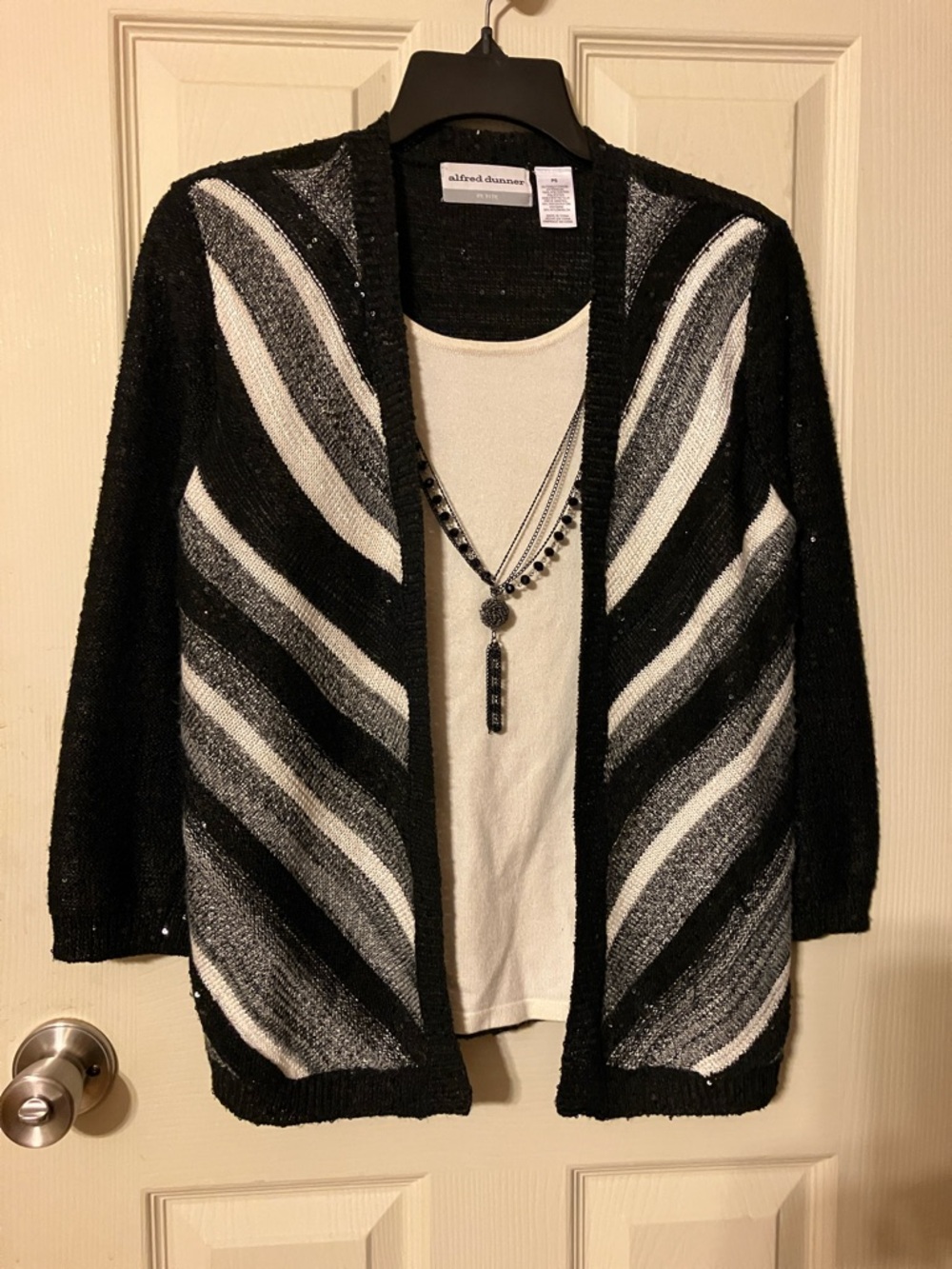 Alfred Dunner Black & White Open-Front Wave Stripe Cardigan